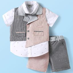 ToffyHouse Poplin Woven Half Sleeves Checks & Printed 3 Piece Party Suit With Bow - Multicolor-image-32