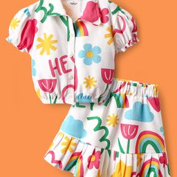 OLLINGTON ST. Cotton Knit Half Sleeves Textured Popcorn Shirt Crop Top & Flared Skirt Set with Floral & Text Print -White-image-76