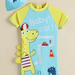 Babyhug Half Sleeves Legged Swimsuit With Dino Print & Cap - Light Blue-image-39