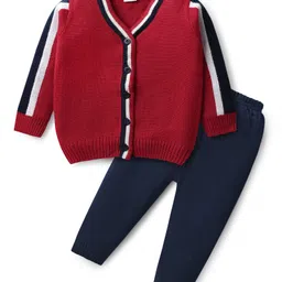 Babyhug Knitted Full Sleeves Solid V Neck Sweater Set with Front Open Button & Tape Design - Red & Navy Blue-picture-8