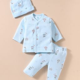 I Bears Interlock Knit Full Sleeves Front Open Co-Ord Night Suit With Carnival Print & Cap - Light Blue-picture-8