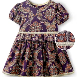 EARTHY TOUCH Single Jersey Knit Half Puffed Sleeves Ethnic Dress with Floral Glitter Print & Lace Detailing - Purple-picture-1