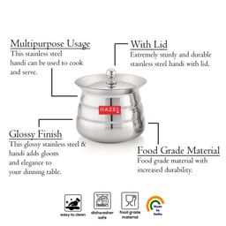 HAZEL Stainless Steel Serving Handi Set of 2 | Dal Handi Set for Serving | Serving Handi Small with Lid | 2 Piece Serving Pot, 500 ml image 3