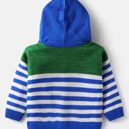 Babyhug Knitted Full Sleeves Hooded Front Open Sweater Set with Stripe Design - Blue & Green image 3