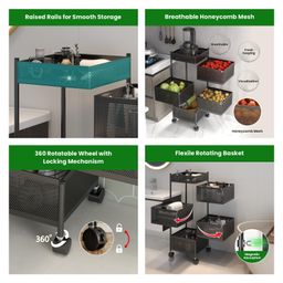 JD FRESH 5-Tier Metal Rotating Kitchen Trolley for Spice Rack and Vegetable & Fruit Storage for Home - Black image 3