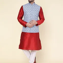 W & G Mandarin Collar Straight Kurta with Churidar & Nehru Jacket-image-84
