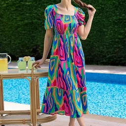 De La Moda Women Printed Puff Sleeve Crepe Fit & Flare Midi Dress-image-81