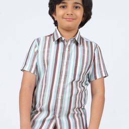 Octave Boys Multi Stripes Striped Spread Collar Short Sleeves Cotton Shirt-image-5