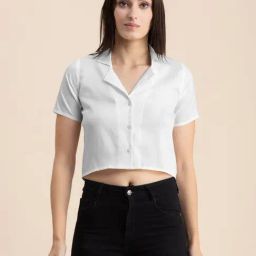 Moomaya White Regular Fit Cropped Shirt-image-64