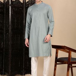 House of Pataudi Textured Mandarin Collar Cotton Straight Kurta-image-64