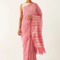 Taneira Pink Block Print Saree With Unstitched Blouse-image-0