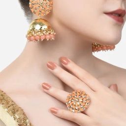 Zaveri Pearls Peach Stones & Beads Traditional Jhumki Earring & Ring Set-ZPFK14587-21