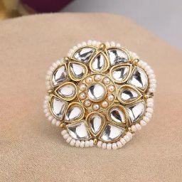 Oomph Gold Kundan Jadau Ethnic Floral Design Adjustable Cocktail Ring-image-96
