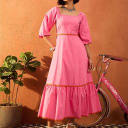 Pink Paprika by SASSAFRAS Women Solid Puff Sleeve Square Neck Fit & Flare Maxi Dress-image-39