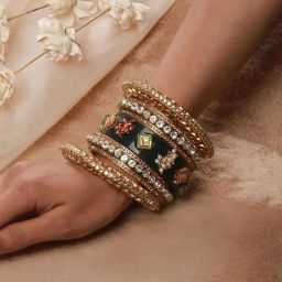 Aatmana Gold-Plated White Stone-Studded & Beaded Green Chuda Bangles - Set of 18-image-73