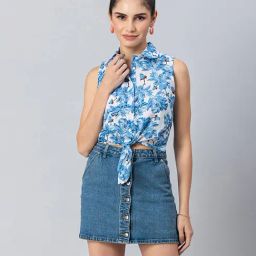 Moomaya Blue & White Floral Print Shirt-image-73