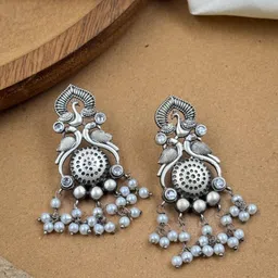 NAMAN ARTS Silver-Plated Artificial Stones and Beads Oxidised Contemporary Drop Earrings-12