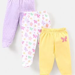 Babyhug Cotton Full Length Bootie Pants Butterfly Print Pack Of 3- Purple & Yellow-image-50
