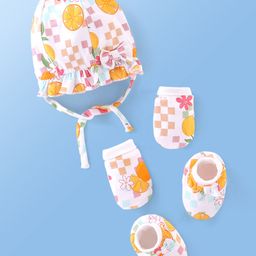 Babyoye Eco Conscious Interlock 100% Cotton Knit   with Eco Jiva Finish Caps Mittens & Booties Set Orange & Floral  Print- White-image-22