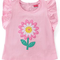 Babyhug 100% Cotton Knit Sleeveless Top With Floral Graphics & Frill Detailing - Pink-image-63