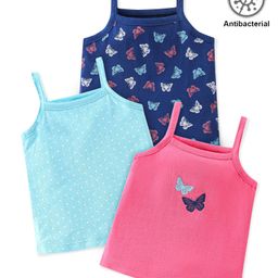 Babyhug 100% Cotton Antibacterial Sleeveless Slips With Butterfly Print Pack Of 3 - Navy Blue & Pink-image-16