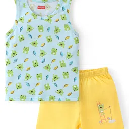 Babyhug 100% Cotton Single Jersey Knit Sleeveless Sando & Shorts Set Frog Print - Green & Yellow-picture-14