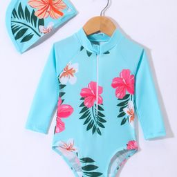 KIDLINGSS Full Sleeves Floral Printed V Cut Swimsuit With Cap - Light Blue-image-86