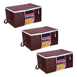 Prettykrafts Underbed Storage Bag, Storage Organizer, Blanket Cover with Side Handles Set of 3 pcs , Brown-10
