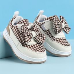 Babyoye Velcro Closure Casual Shoes With Bow Applique & Checks - Khaki-image-99