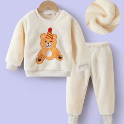 Kookie Kids Full Sleeves Winter Wear Suit With Teddy Applique - Beige-image-56