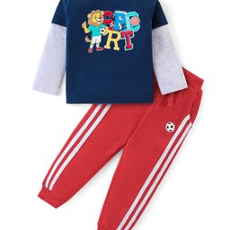 Banyhug Cotton Knit Doctor Sleeves T-Shirt & Lounge Pants Set With Sporty Theme Print - Navy & Red-image-68