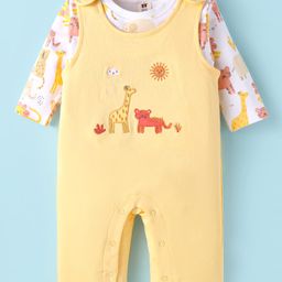 ToffyHouse Interlock Knit Dungaree Style Romper & Full Sleeves T-Shirt With Animal Print & Embroidery - Lemon Yellow-image-65