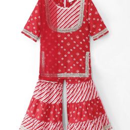 Teentaare Cotton Knit Three FourthSleeves Kurta and Gharara Set With Bandhani Print & Dupatta - Red-image-31