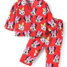 Babyhug Disney Single Jersey Knit Full Sleeves Front Open Night Suit With Minnie Mouse Graphics - Red-image-45