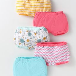 OHMS Interlock Knit Bloomers Striped & Animals Print Pack Of 5 - Pink Yellow & Blue-14