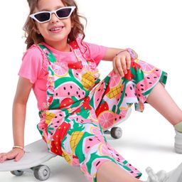 Ollington St. 100% Cotton Knit Fruits Printed Dungaree & Half Sleeves Text Printed Inner Top - Pink-image-56