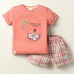Ollypop Sinker Knit Half Sleeves T-Shirt & Shorts Set with Checks Dog Patch & Text Embroidery - Coral-picture-16