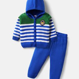 Babyhug Knitted Full Sleeves Hooded Front Open Sweater Set with Stripe Design - Blue & Green-11