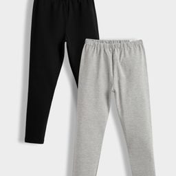 Orange Sugar Cotton Lycra Knit Pack Of 2 Solid Stretchable Leggings - Black & Grey-image-77