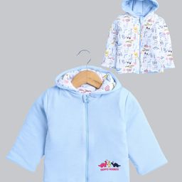 BUMZEE Cotton Knit Full Sleeves Dinosaur Printed & Embroidered Hooded Reversible Jacket - Sky Blue & White-image-61