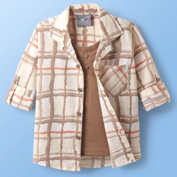Dapper Dudes Full Sleeves Checked Shirt With Attached Tee - Brown-image-39