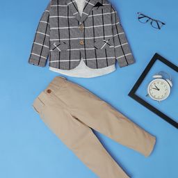 Rikidoos Striped Kurta Style Shirt & Pant With Full Sleeves Checked Blazer Set - Blue & Beige-picture-5