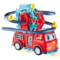 NEGOCIO 2 in 1 Fire Engine Slide Toy Set, Automatic Slide Down Duck Toy Race Track Toy Rotating Ferris Wheel Toy Duck Slide Toy Fire Truck Toy with Universal Wheel, Movable Eyes, Music & Lights - PACK OF 1 - COLOR MAY VARY image 2