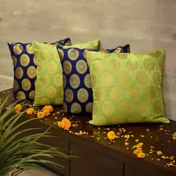 RoyalDeco Blue & Green 4 Pieces Ethnic Motifs Brocade Square Cushion Covers-image-79