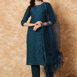 KALINI Geometric Embroidered Sequinned Straight Kurta With Trousers & Dupatta-15