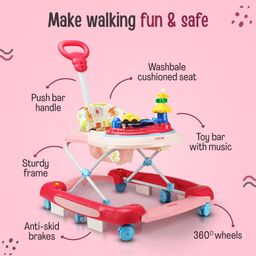 luv lap LuvLap Comfy Baby Walker & Rocker with Parental Push Handle Height Adjustable with Light - Pink image 3