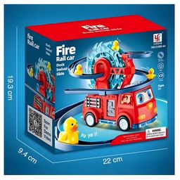 NEGOCIO 2 in 1 Fire Engine Slide Toy Set, Automatic Slide Down Duck Toy Race Track Toy Rotating Ferris Wheel Toy Duck Slide Toy Fire Truck Toy with Universal Wheel, Movable Eyes, Music & Lights - PACK OF 1 - COLOR MAY VARY image 3