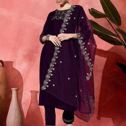 Sangria Women Floral Embroidered Zari Kurta Set With Dupatta-23