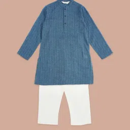 Indus Route by Pantaloons Kids Navy & White Cotton Textured Pattern Full Sleeves Kurta Set-image-36