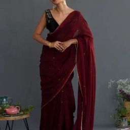 Suta Maroon Cotton Embellished Saree Without Blouse-picture-20